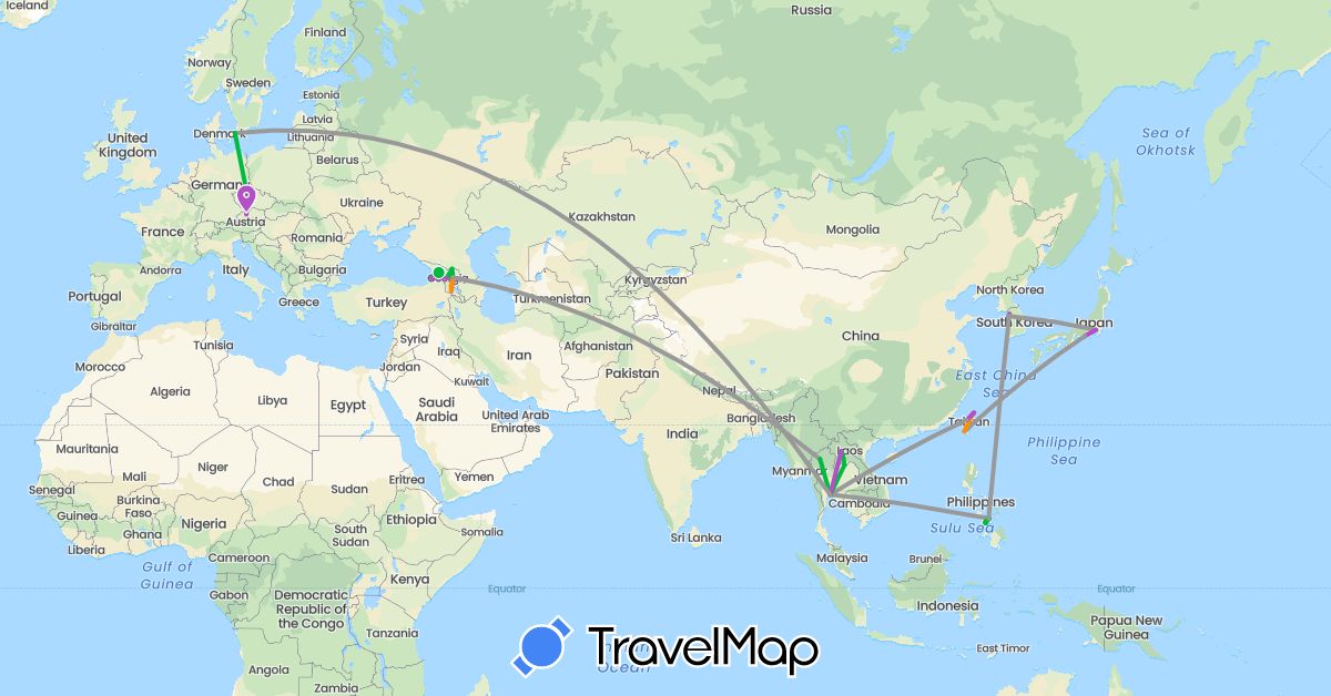 TravelMap itinerary: driving, bus, plane, train, hitchhiking in Armenia, Austria, Czech Republic, Denmark, Georgia, Japan, South Korea, Laos, Philippines, Thailand, Taiwan (Asia, Europe)